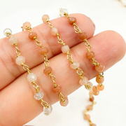 Multi Moonstone Shaded Peach Organic Shape Wire Wrap Chain